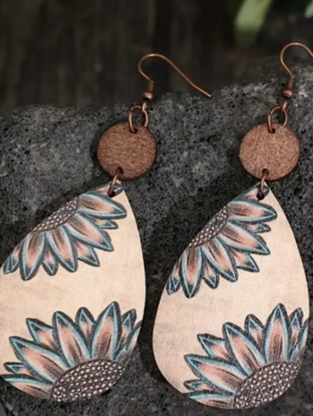 Droplet Shape Sunflower Print Dangle Earrings Retro Bohemian Wooden Jewelry